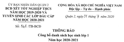 THÔNG BÁO
Công bố danh sách học sinh lớp 1